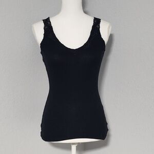 Vintage Y2K I.N.C. Black Ribbed Tank Top W/ Lace Detail Size Small